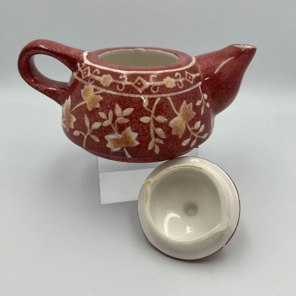 Vintage Red Glaze Etched Floral Ceramic Teapot Gold Accent Crackle Interior